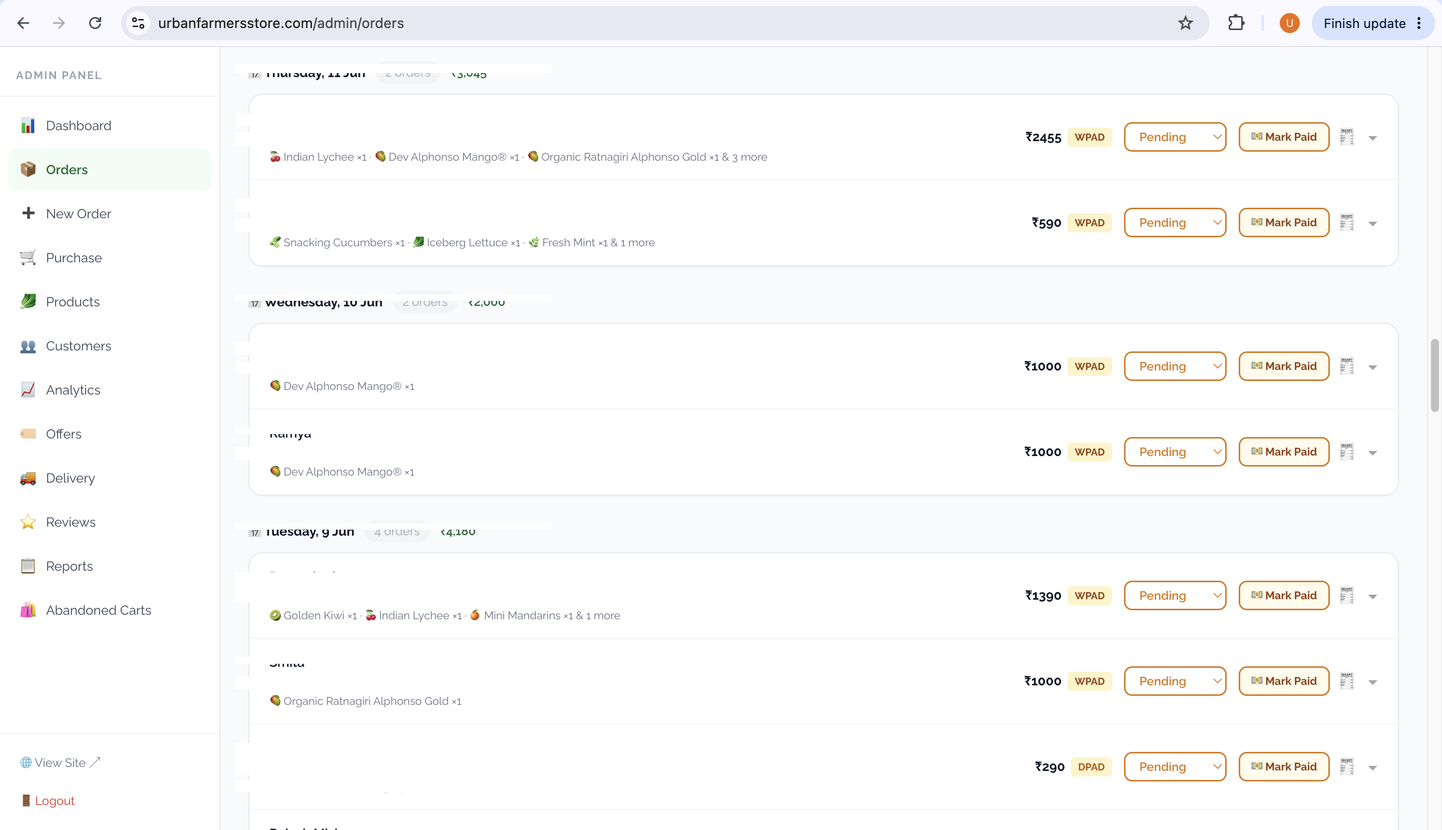 Admin orders grouped by delivery slot