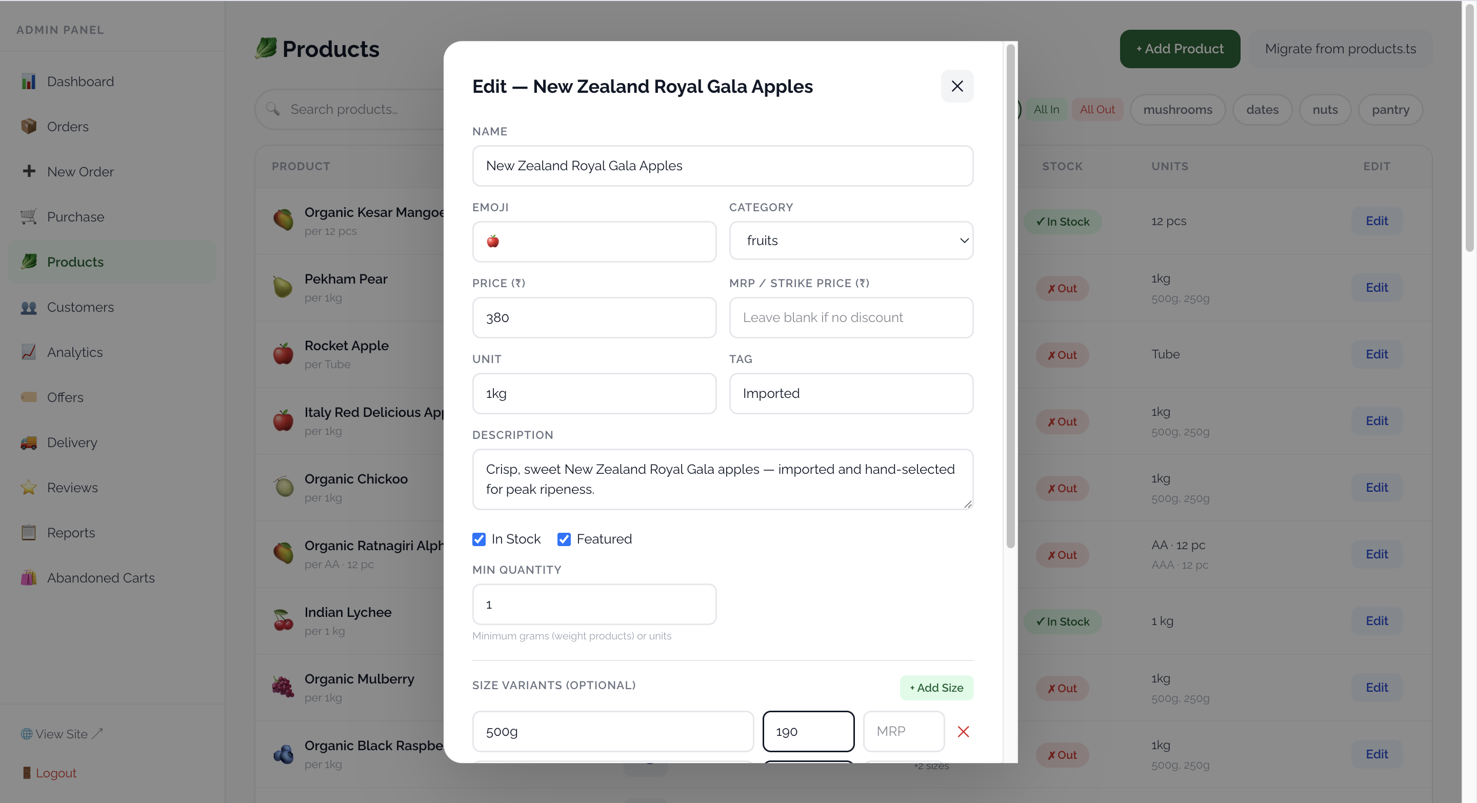 Admin product editor with live price, stock and variant controls